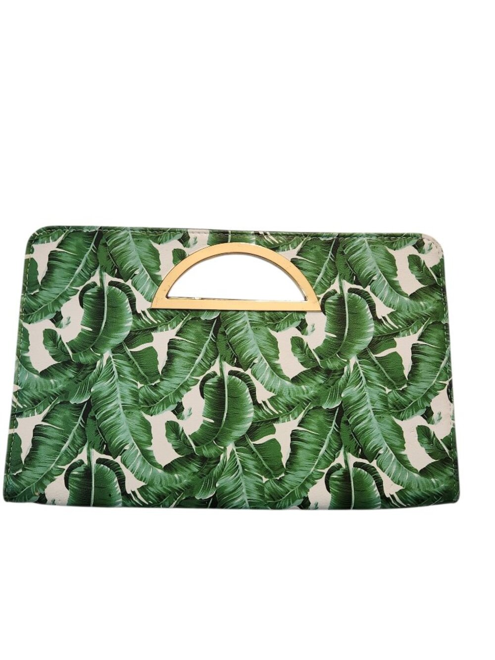 Tropical Leaf Print Clutch with Gold Handle Flat Green White